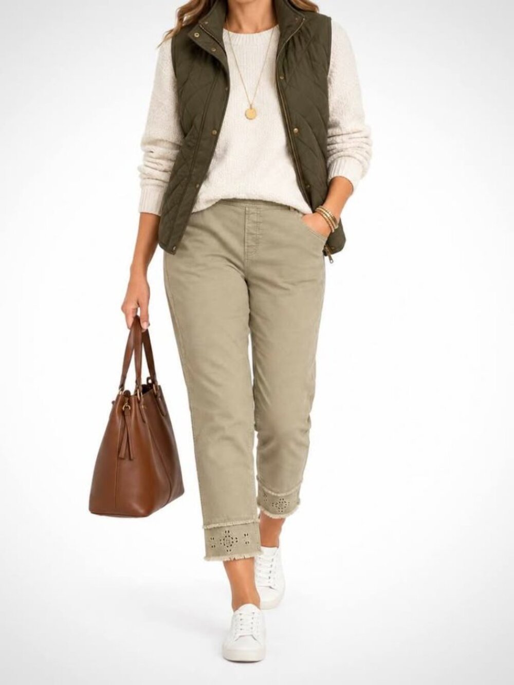 Chico's Perfect Stretch Girlfriend Kahki Eyelet Frayed Pull On Ankle Pant [sz 2]